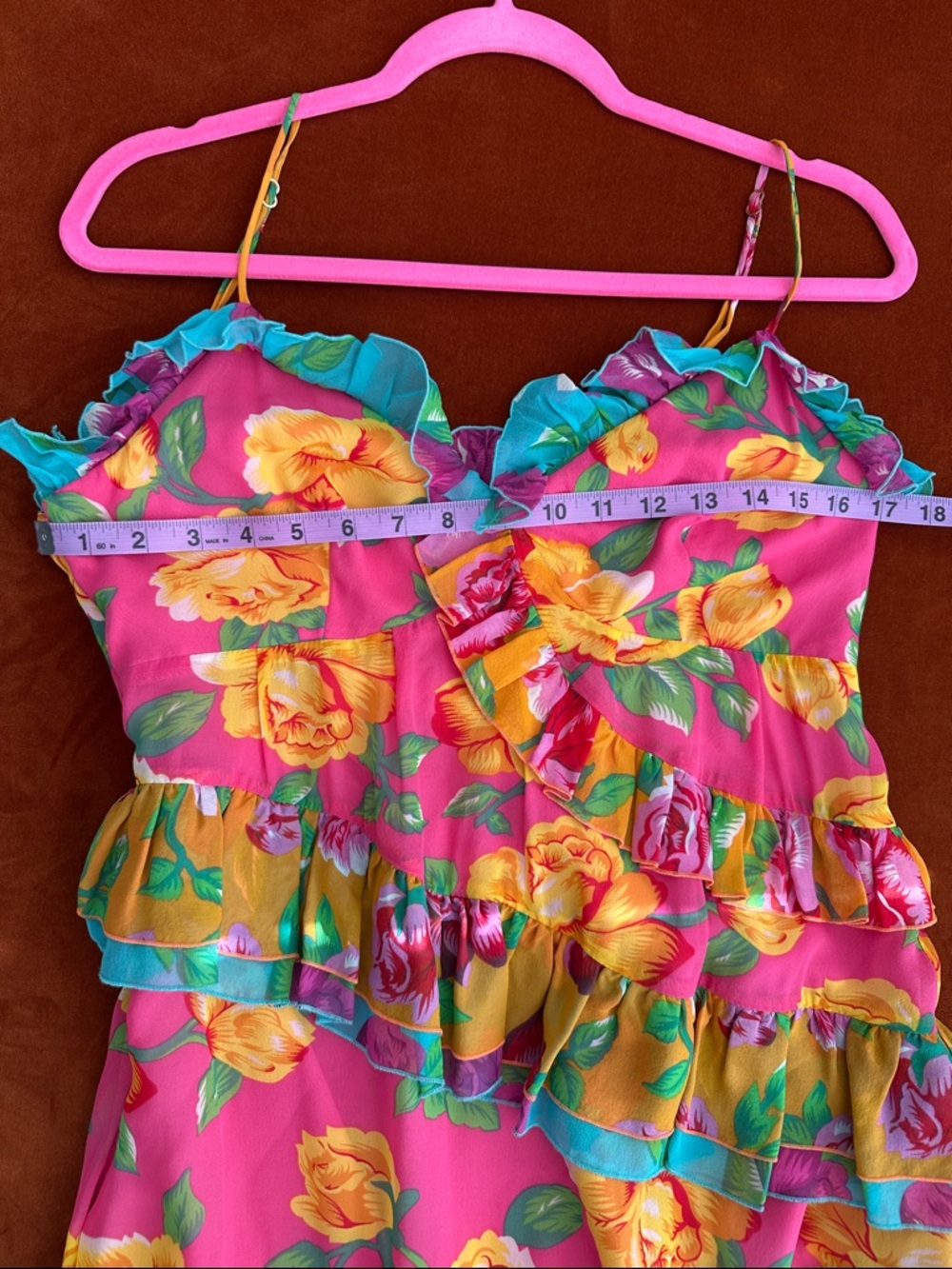 Betsey Johnson NWT Rare Vintage Silk Pink Yellow Roses Tiered Maxi Dress 10 - Picture 15 of 16